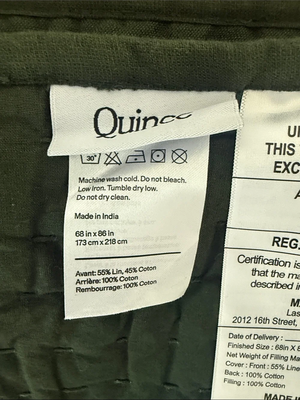 Quince European Linen Cotton Stitch Quilt, Twin, Pine Green - FLAWED